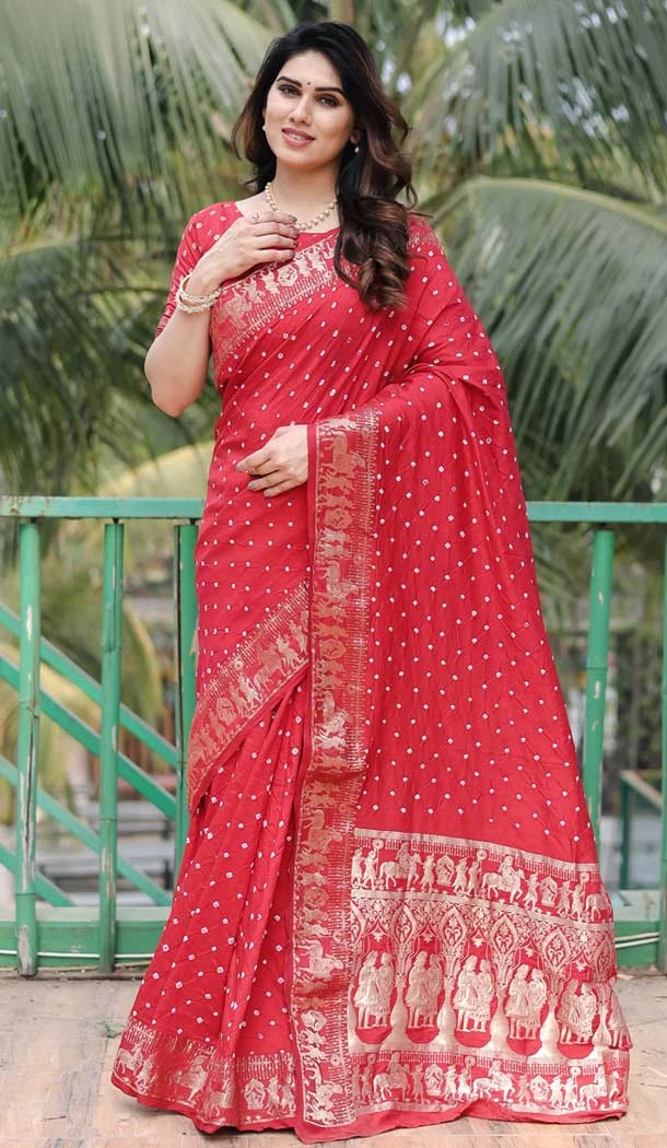 Dola Silk Bandhej Work Party Wear Saree In Maroon - 147841836