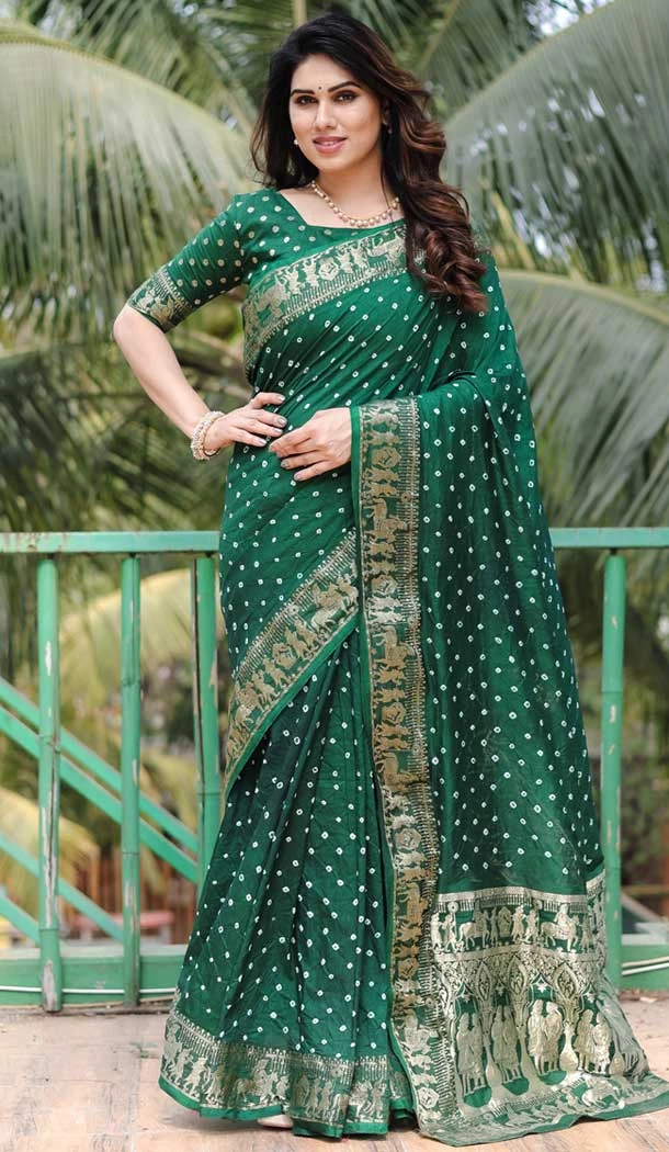 Dola Silk Bandhej Work Party Wear Saree In Green - 147841838