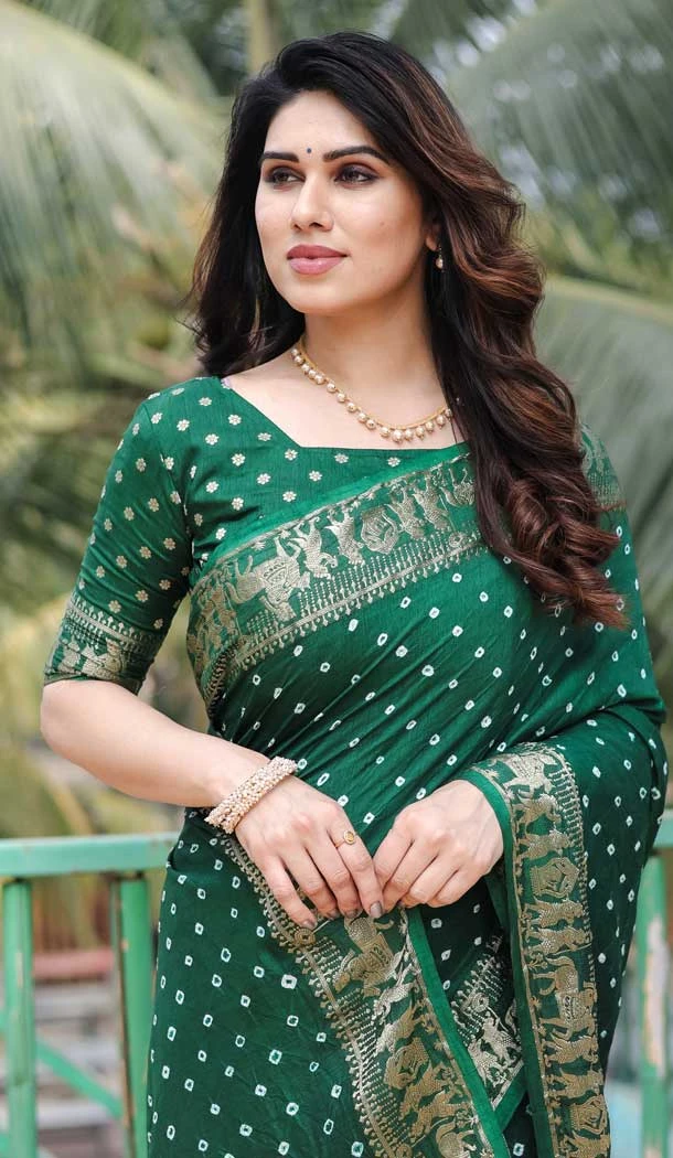 Dola Silk Bandhej Work Party Wear Saree In Green - 147841838