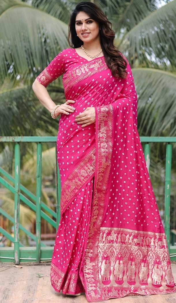 Dola Silk Bandhej Work Party Wear Saree In Pink - 147841839