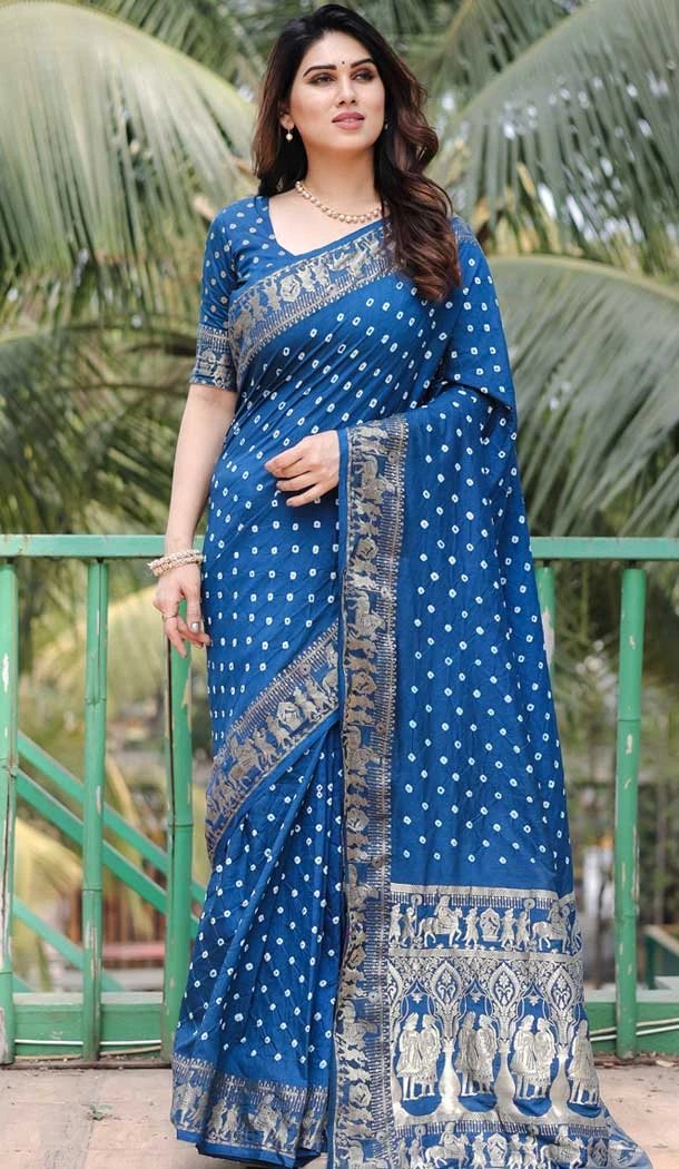 Blue Dola Silk Bandhej Work Party Wear Saree - 147841840