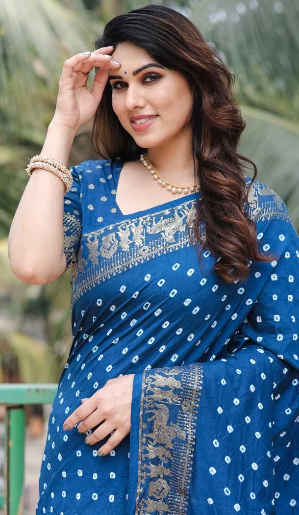 Blue Dola Silk Bandhej Work Party Wear Saree - 147841840