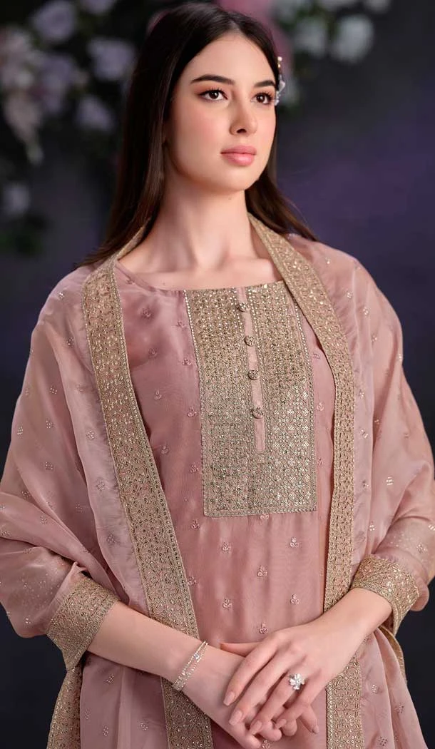 Pink Shimmer Organza Embroidered Party Wear Salwar Kameez - 9898191128