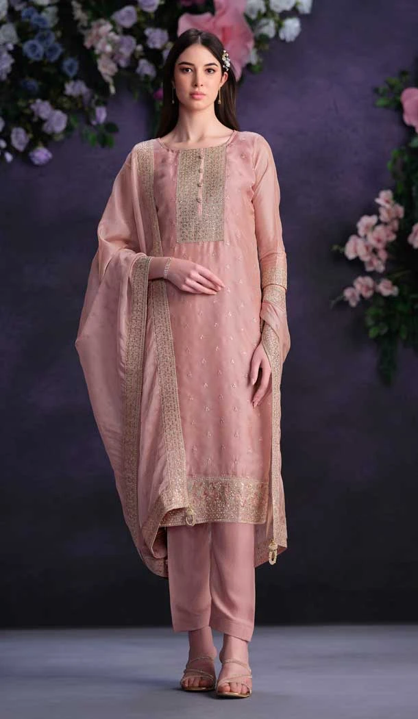 Pink Shimmer Organza Embroidered Party Wear Salwar Kameez - 9898191128