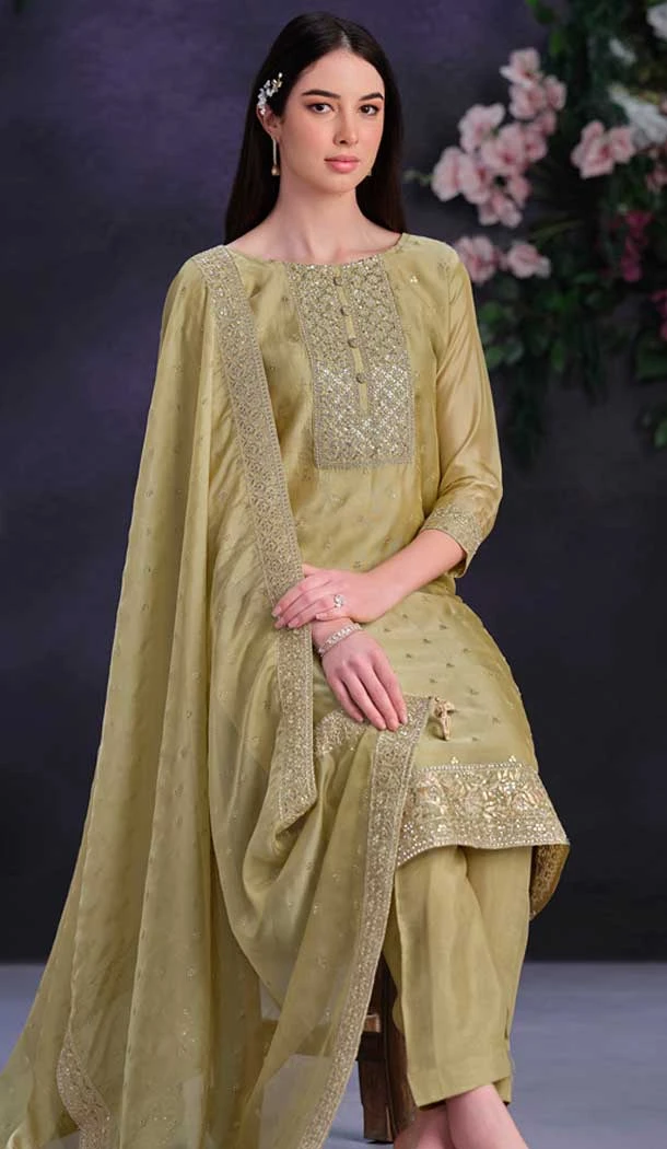 Beige Shimmer Organza Embroidered Party Wear Salwar Kameez - 9898191129