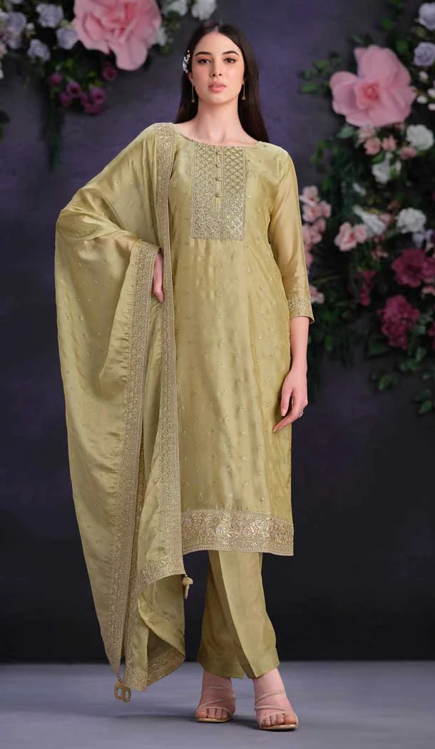 Beige Shimmer Organza Embroidered Party Wear Salwar Kameez - 9898191129