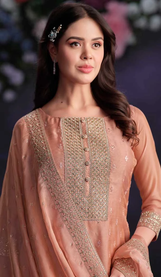 Peach Shimmer Organza Embroidered Party Wear Salwar Kameez - 9898191130