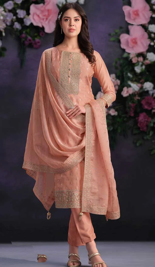 Peach Shimmer Organza Embroidered Party Wear Salwar Kameez - 9898191130