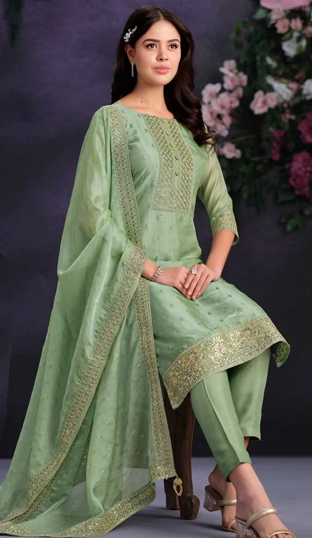 Pista Green Shimmer Organza Embroidered Party Wear Salwar Kameez - 9898191131