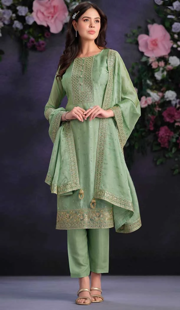 Pista Green Shimmer Organza Embroidered Party Wear Salwar Kameez - 9898191131