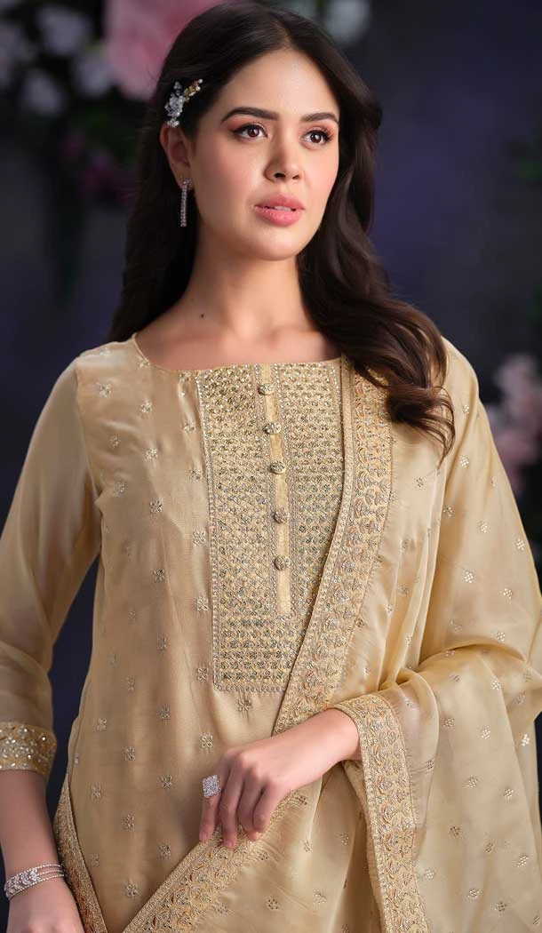 Brown Shimmer Organza Embroidered Party Wear Salwar Kameez - 9898191132