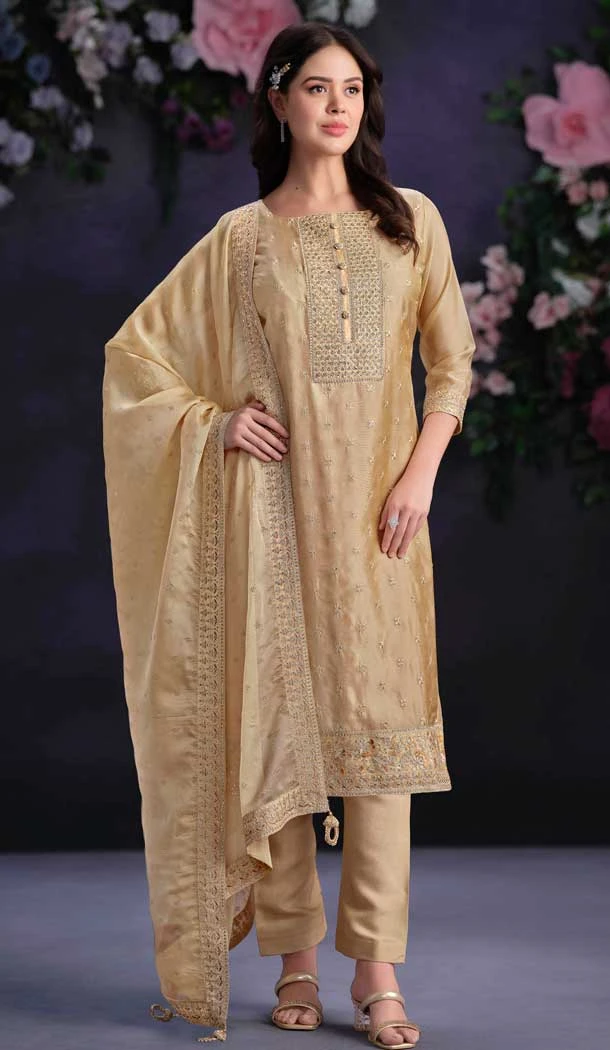 Brown Shimmer Organza Embroidered Party Wear Salwar Kameez - 9898191132