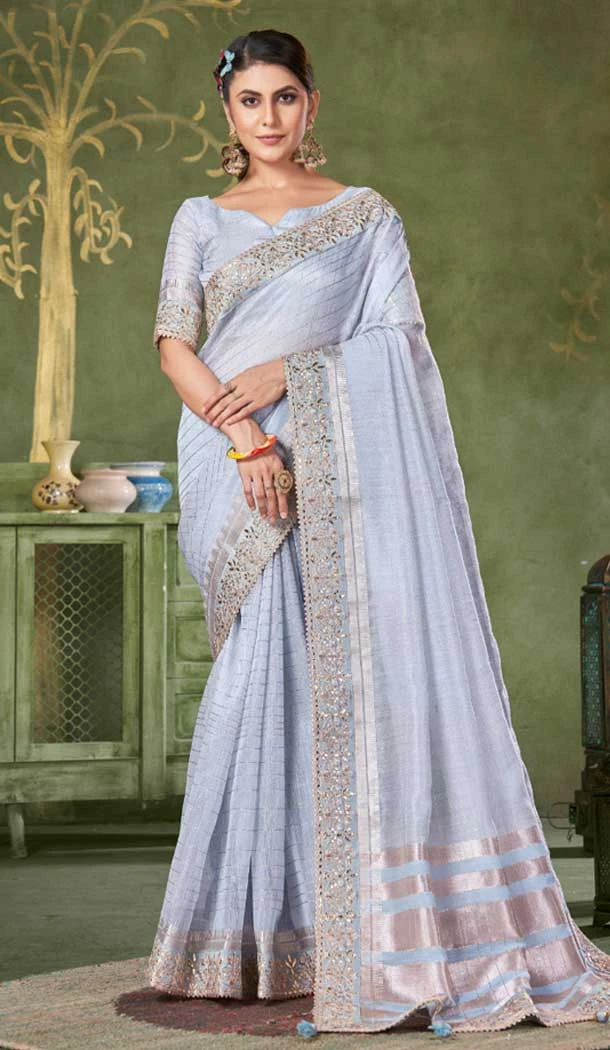 Sky Blue Banarasi Silk Coding Work Party Wear Saree - 9922191272