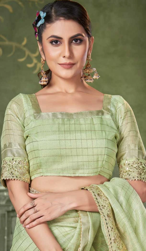 Pista Green Banarasi Silk Coding Work Party Wear Saree - 9922191273