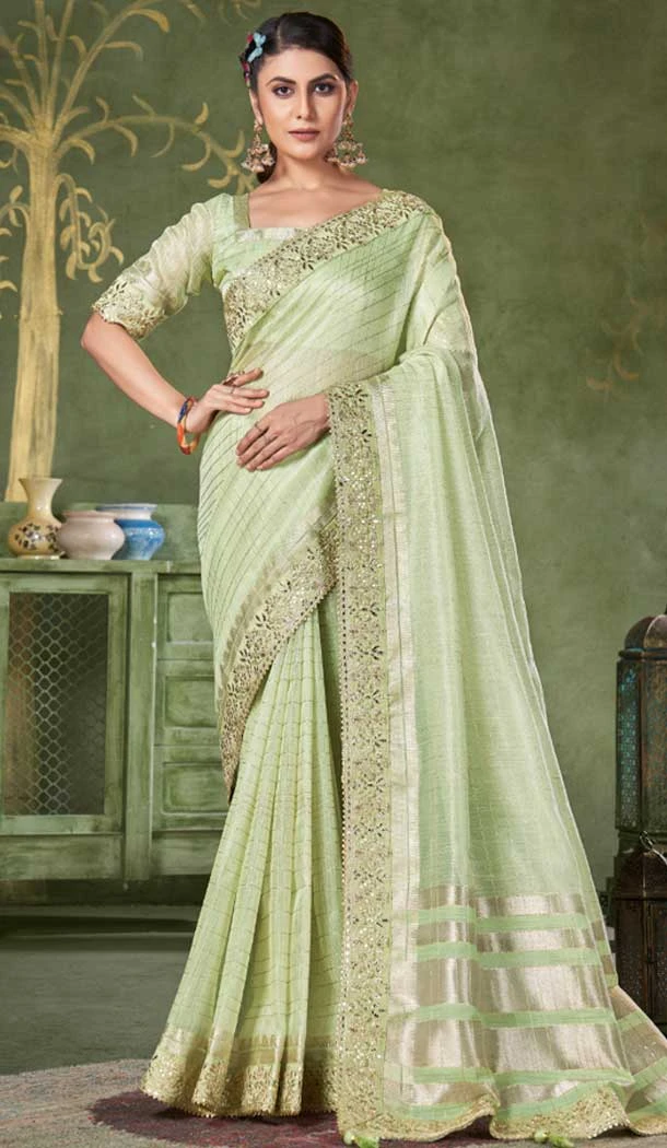 Pista Green Banarasi Silk Coding Work Party Wear Saree - 9922191273