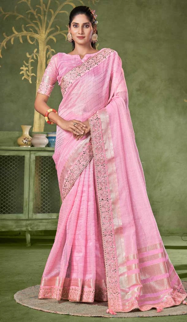 Pink Banarasi Silk Coding Work Party Wear Saree - 9922191274