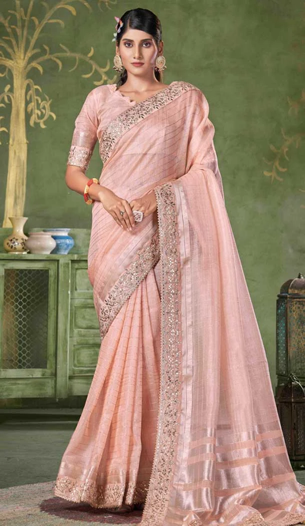 Peach Banarasi Silk Coding Work Party Wear Saree - 9922191275