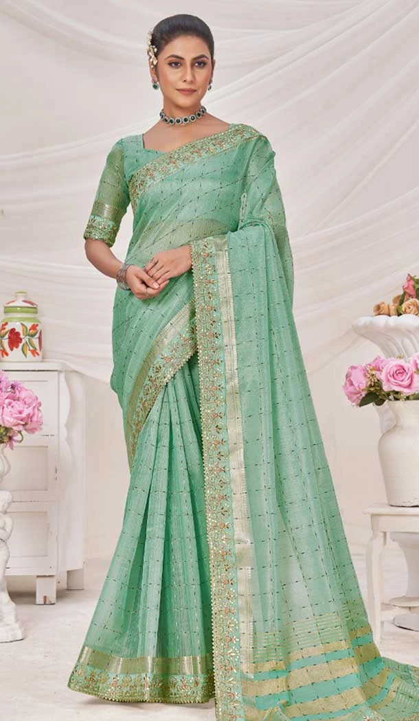 Mint Green Banarasi Silk Zari Work Traditional Wear Saree - 9924191289