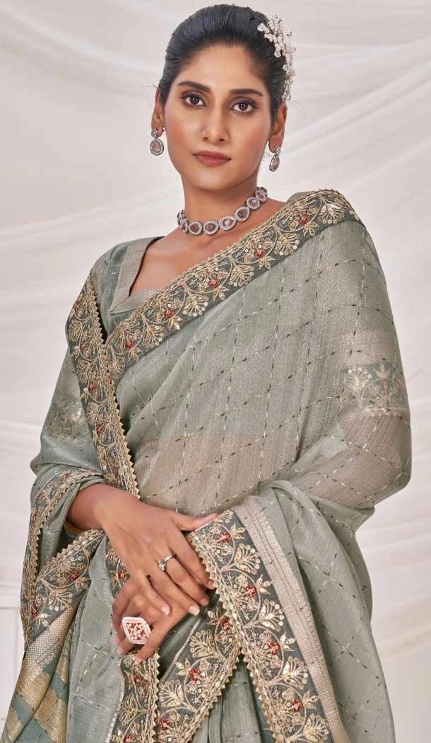 Grey Banarasi Silk Zari Work Traditional Wear Saree - 9924191290