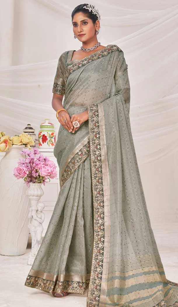 Grey Banarasi Silk Zari Work Traditional Wear Saree - 9924191290