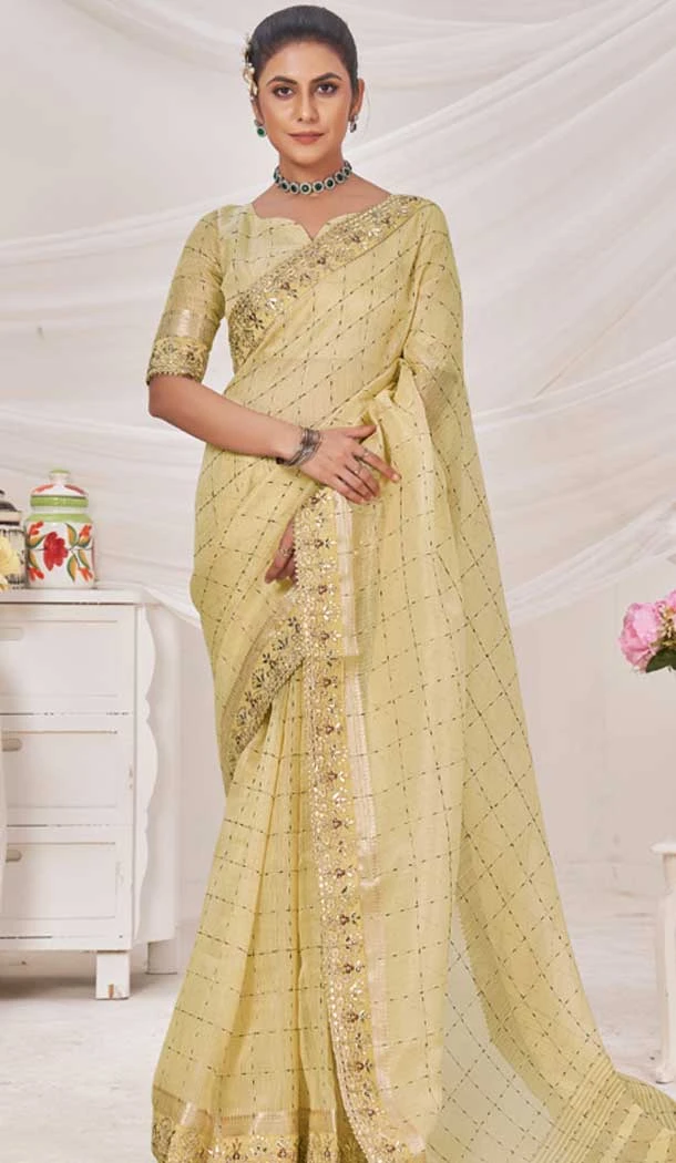 Cream Banarasi Silk Zari Work Traditional Wear Saree - 9924191291