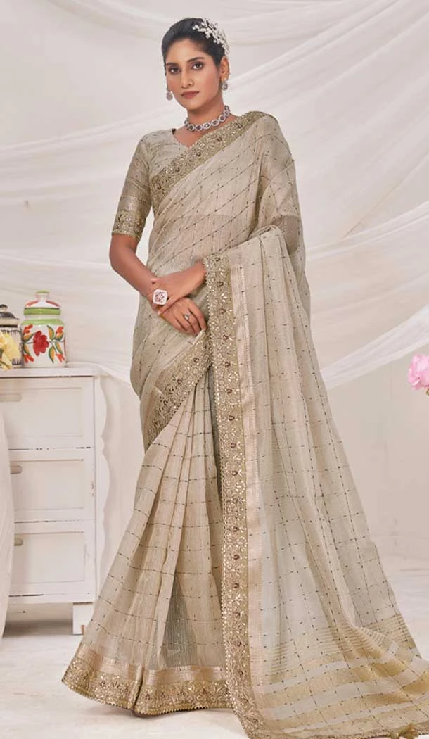 Off Grey Banarasi Silk Zari Work Traditional Wear Saree - 9924191292