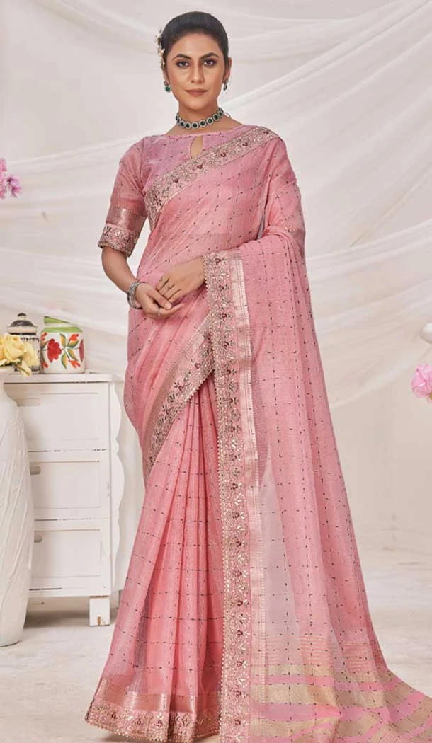 Pink Banarasi Silk Zari Work Traditional Wear Saree - 9924191293
