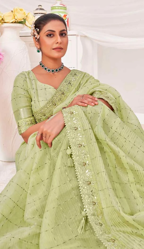 Pista Green Banarasi Silk Zari Work Traditional Wear Saree - 9924191294