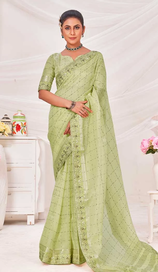 Pista Green Banarasi Silk Zari Work Traditional Wear Saree - 9924191294