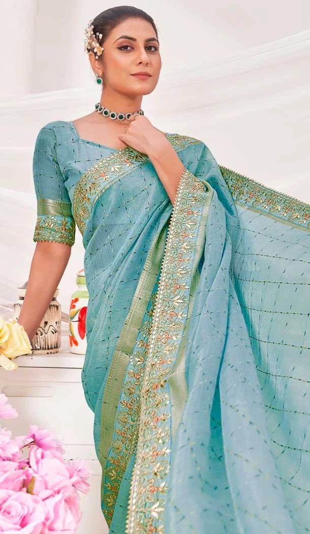 Sky Blue Banarasi Silk Zari Work Traditional Wear Saree - 9924191295