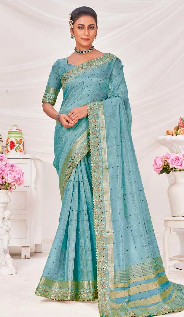 Sky Blue Banarasi Silk Zari Work Traditional Wear Saree - 9924191295