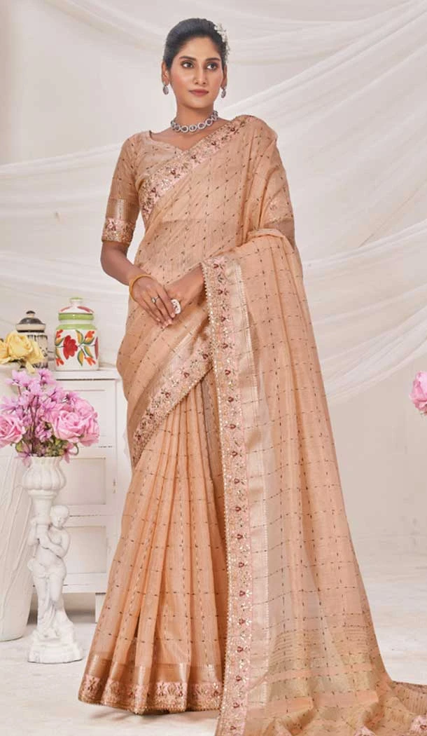 Peach Banarasi Silk Zari Work Traditional Wear Saree - 9924191296