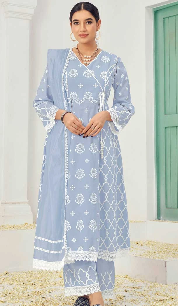 Pure Cotton Embroidered Party Wear Palazzo Suit In Light Blue - 9930191312
