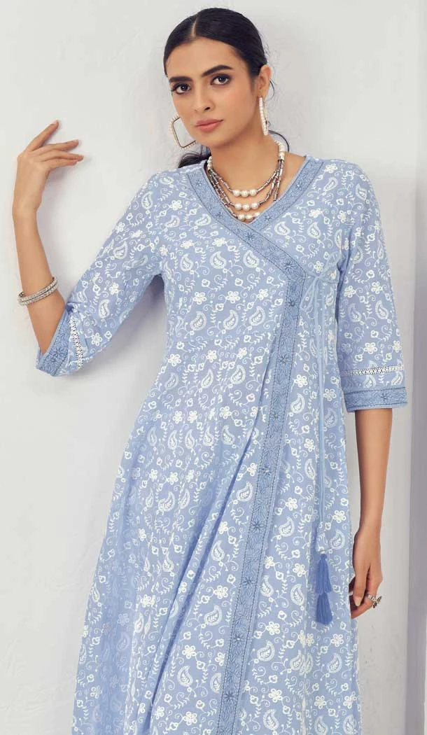 Light Blue Pure Cotton Embroidered Party Wear Palazzo Suit - 9930191314