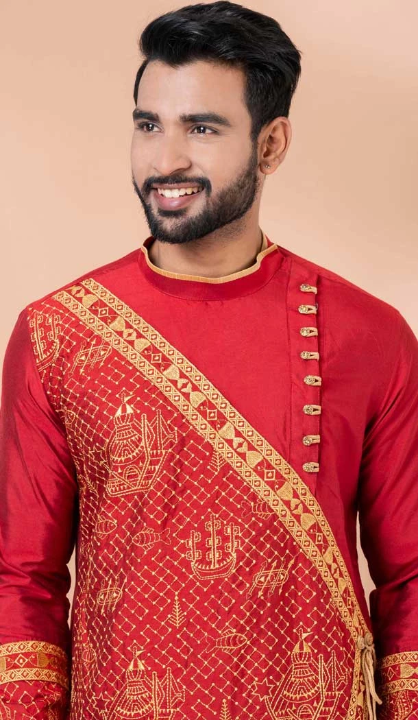 Viscose Embroidered Party Wear Designer Men Kurta Dhoti In Red - 9954191427