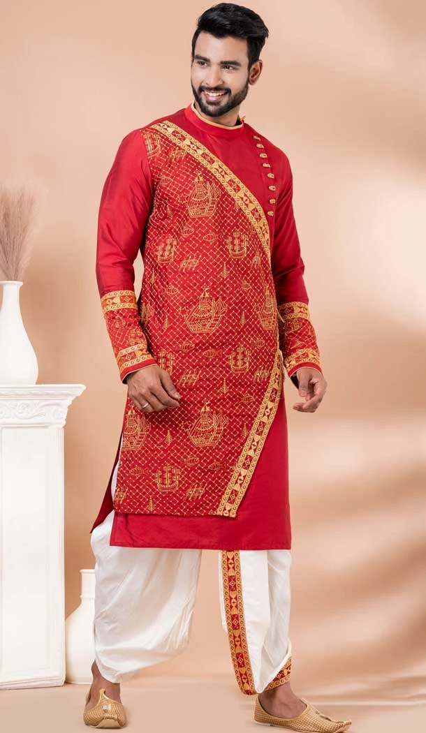Viscose Embroidered Party Wear Designer Men Kurta Dhoti In Red - 9954191427