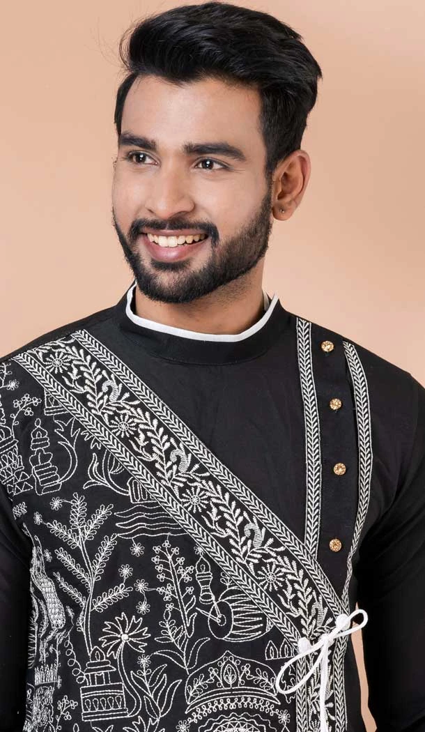 Viscose Embroidered Party Wear Designer Men Kurta Dhoti In Black - 9954191428