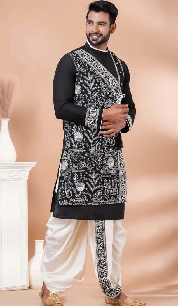 Viscose Embroidered Party Wear Designer Men Kurta Dhoti In Black - 9954191428