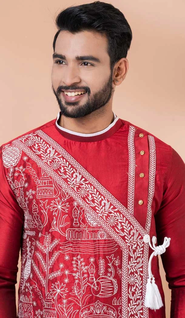 Red Viscose Embroidered Party Wear Designer Men Kurta Dhoti - 9954191429