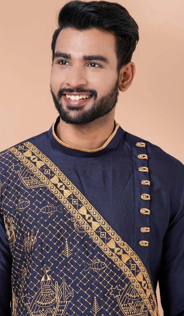Viscose Embroidered Party Wear Designer Men Kurta Dhoti In Navy Blue - 9954191430