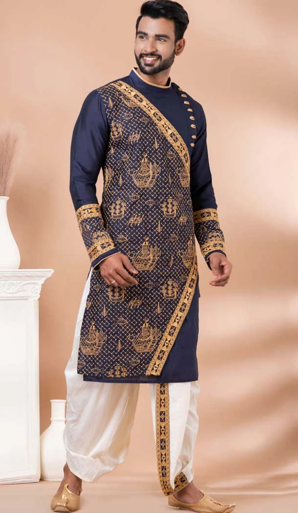 Viscose Embroidered Party Wear Designer Men Kurta Dhoti In Navy Blue - 9954191430