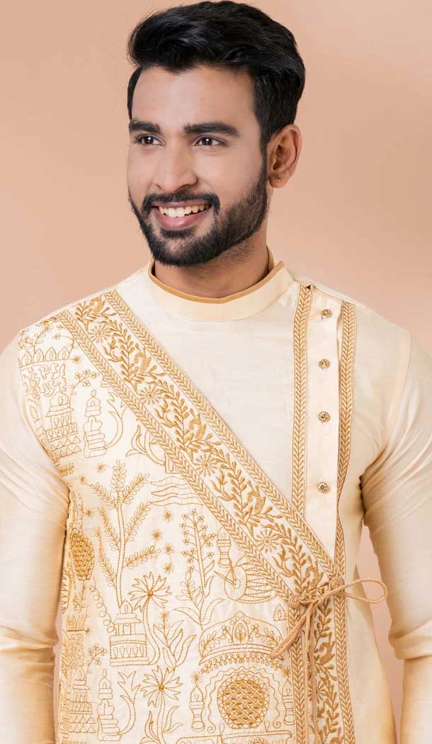 Viscose Embroidered Party Wear Designer Men Kurta Dhoti In Golden - 9954191431