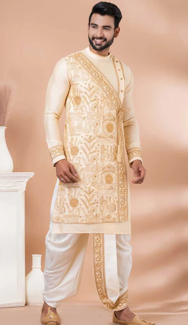 Viscose Embroidered Party Wear Designer Men Kurta Dhoti In Golden - 9954191431