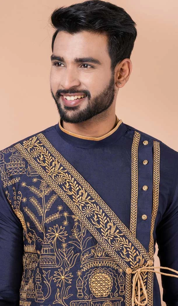 Navy Blue Viscose Embroidered Party Wear Designer Men Kurta Dhoti - 9954191432