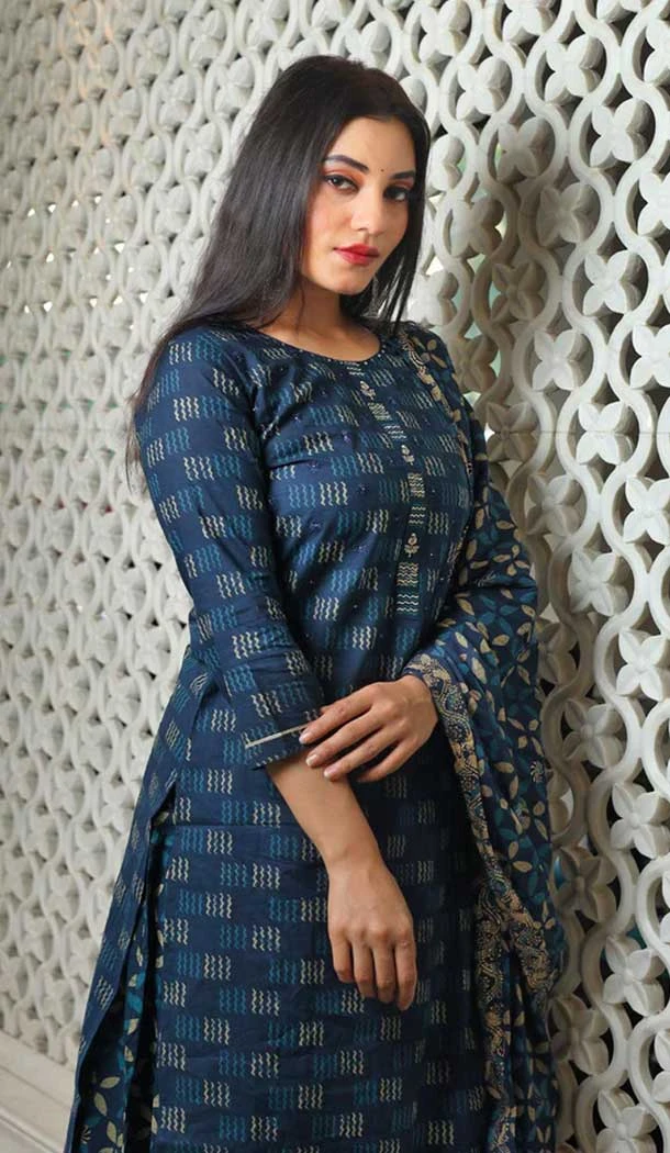 Cotton Print Work Casual Wear Readymade Salwar Kameez In Navy Blue - 9966191497
