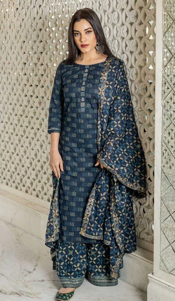 Cotton Print Work Casual Wear Readymade Salwar Kameez In Navy Blue - 9966191497