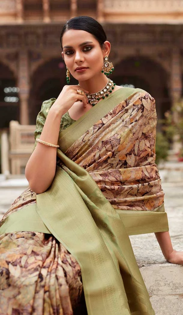 Soft Tissue Silk Digital Printed Party Wear Saree In Olive Green - 9973191545
