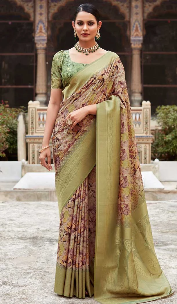 Soft Tissue Silk Digital Printed Party Wear Saree In Olive Green - 9973191545