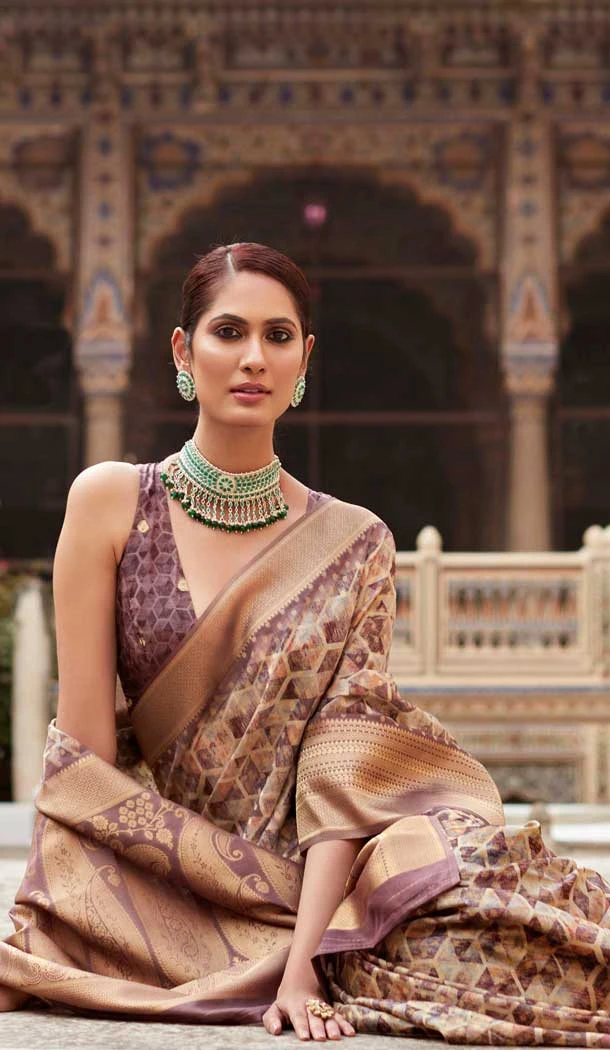 Soft Tissue Silk Digital Printed Party Wear Saree In Beige and Brown - 9973191547