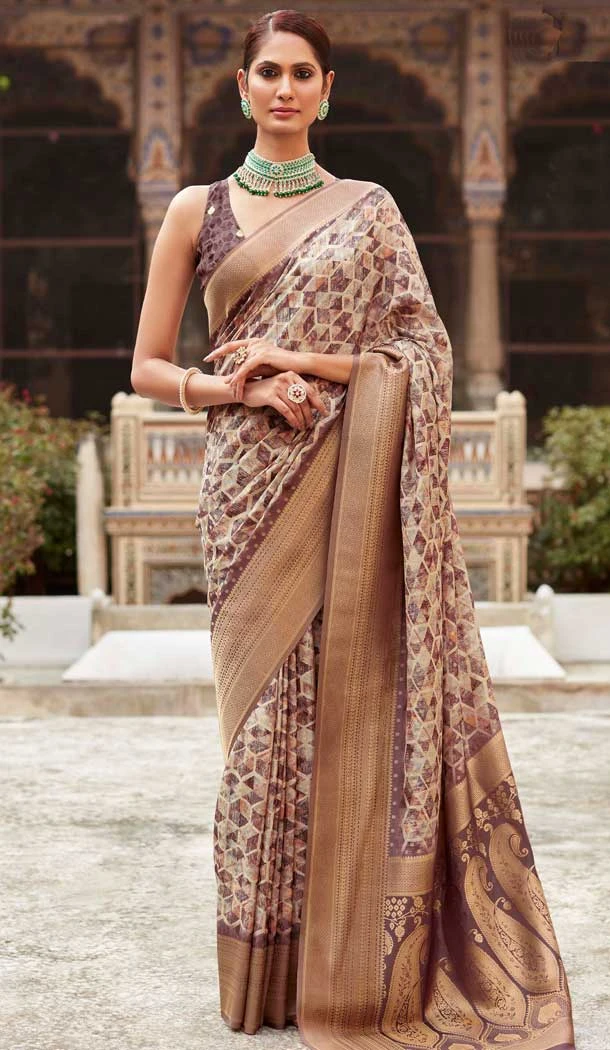 Soft Tissue Silk Digital Printed Party Wear Saree In Beige and Brown - 9973191547
